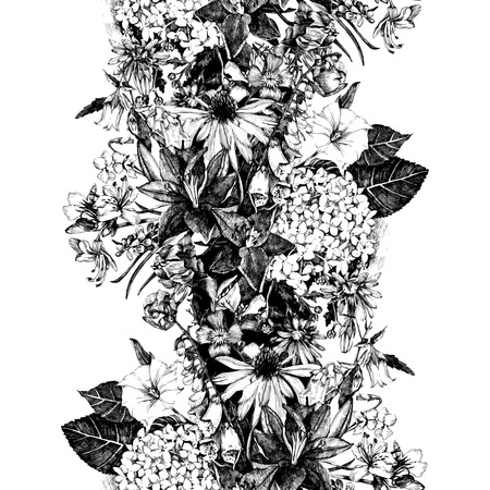dessin fleurs noir et blanc tiré par la main frontière perméable avec des fleurs dans